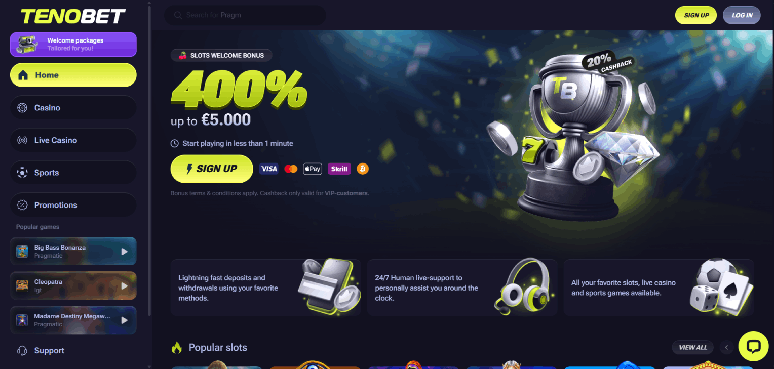 TenoBet Casino Main page