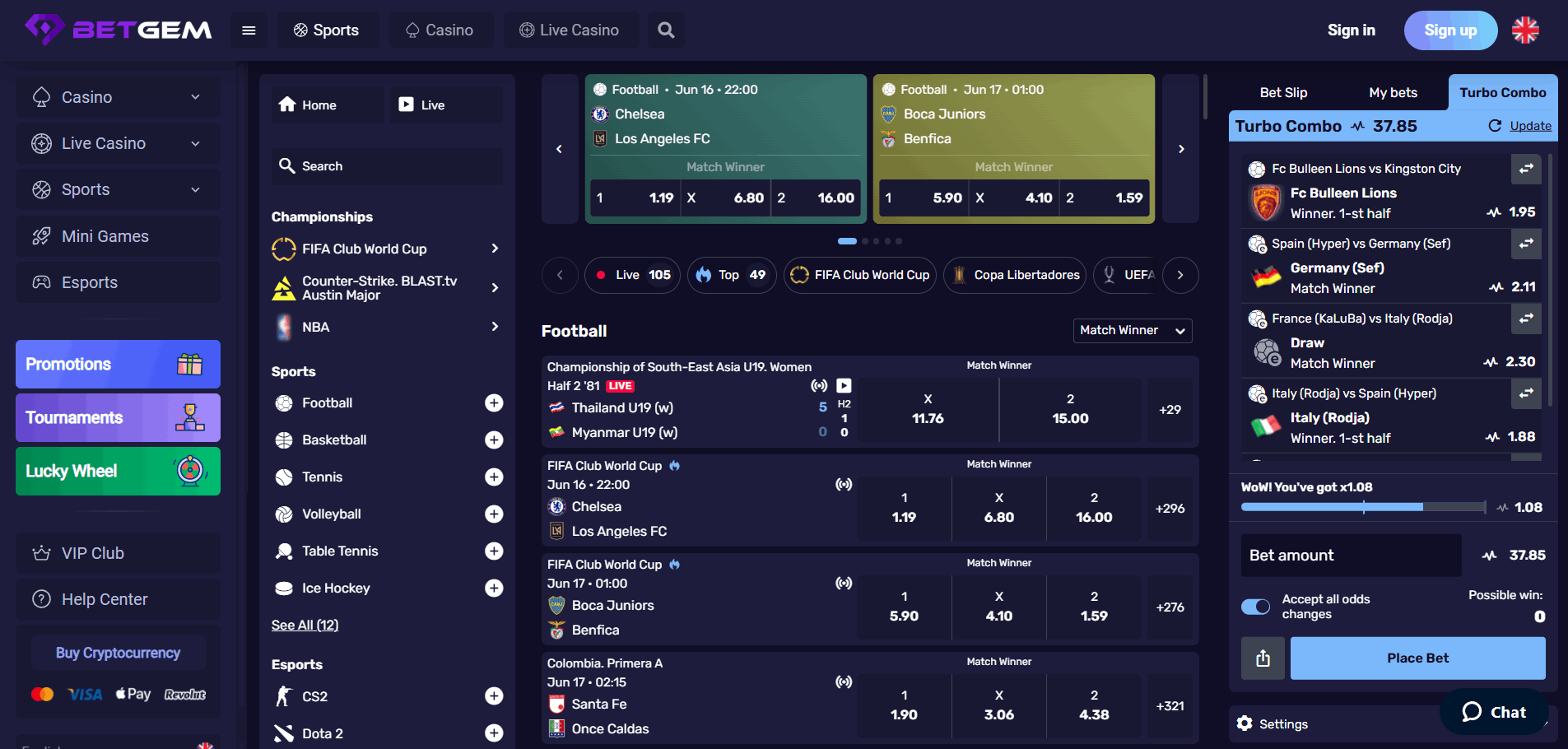 Sports Betting Section at BetGem Casino