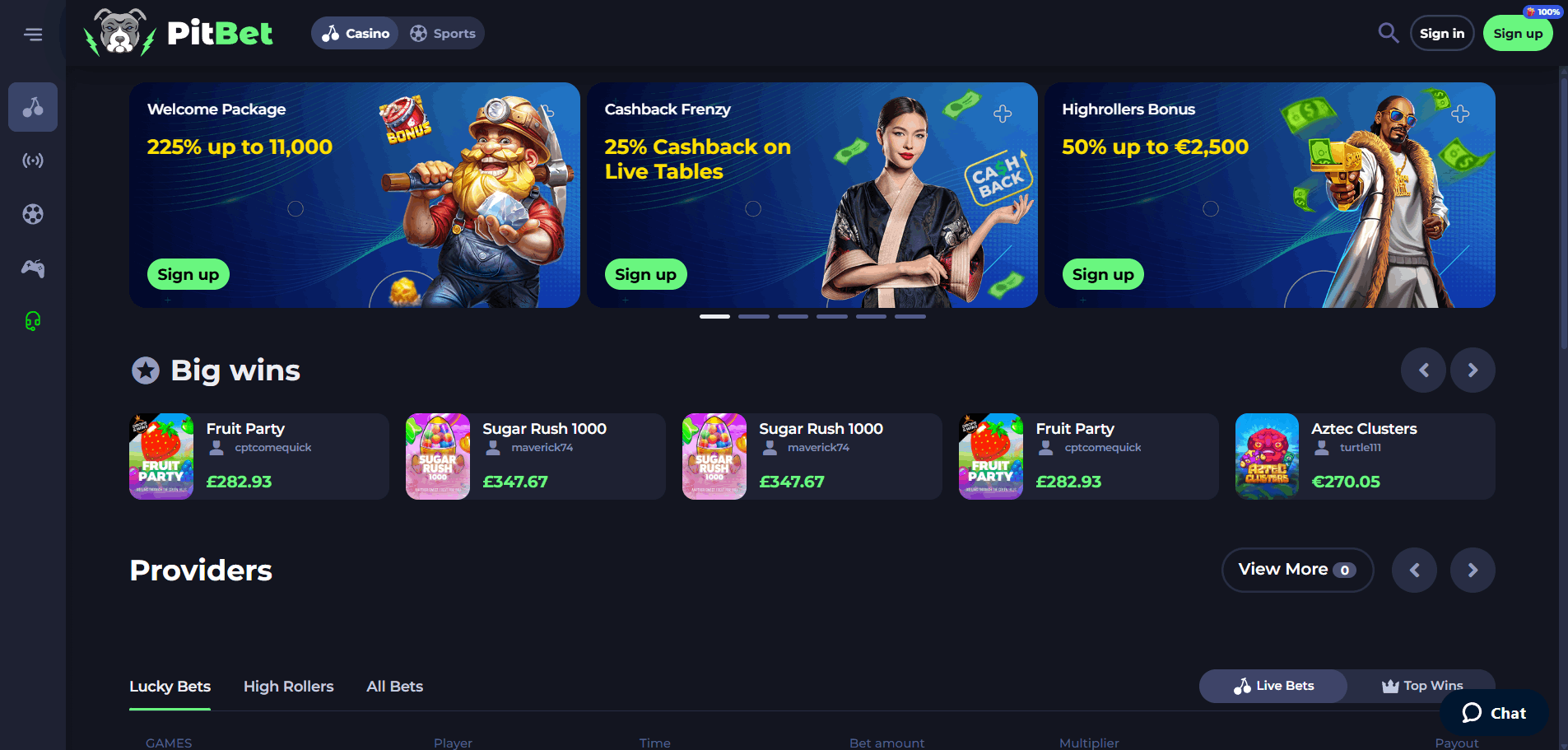 PitBet Casino Main Page