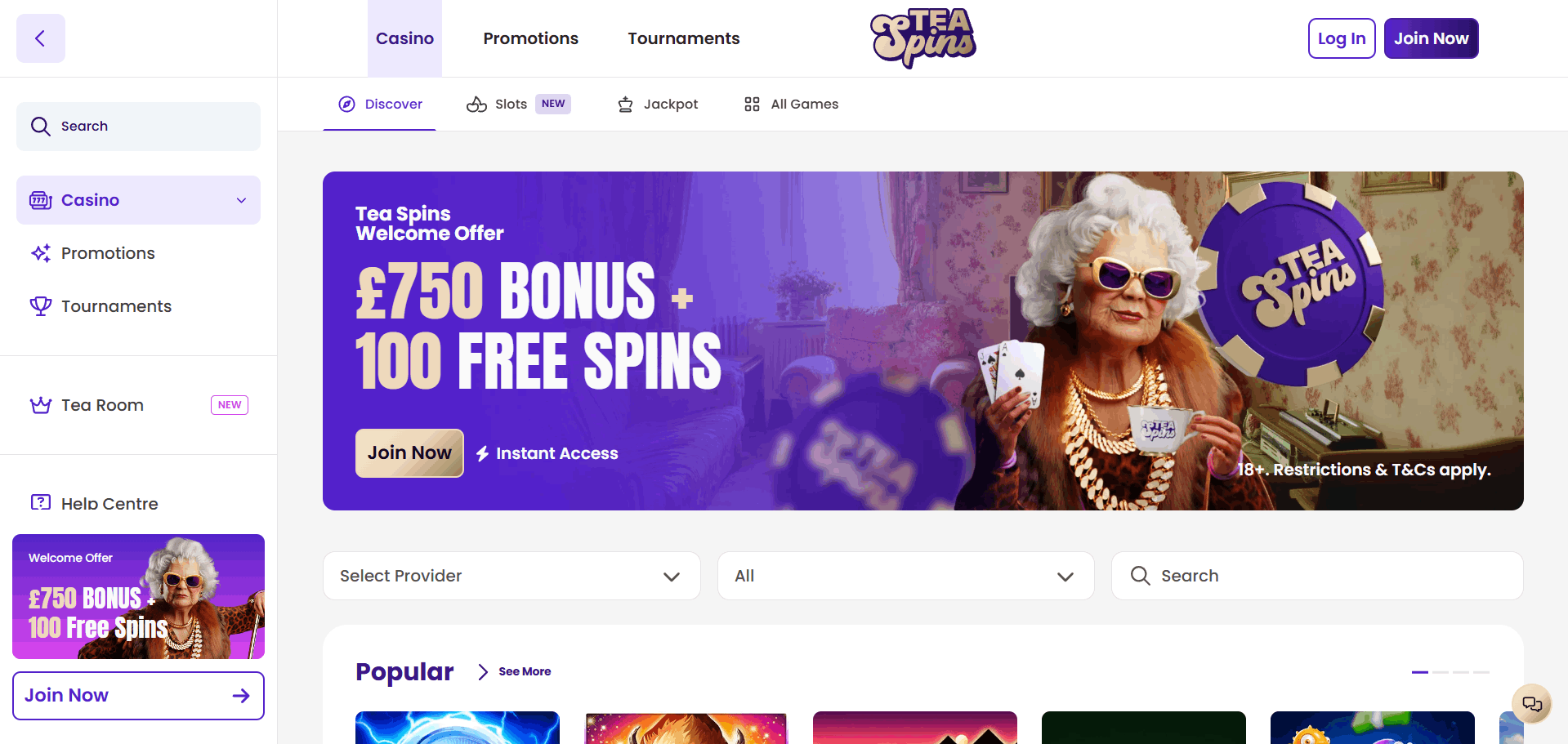 Tea Spins Casino Main Page