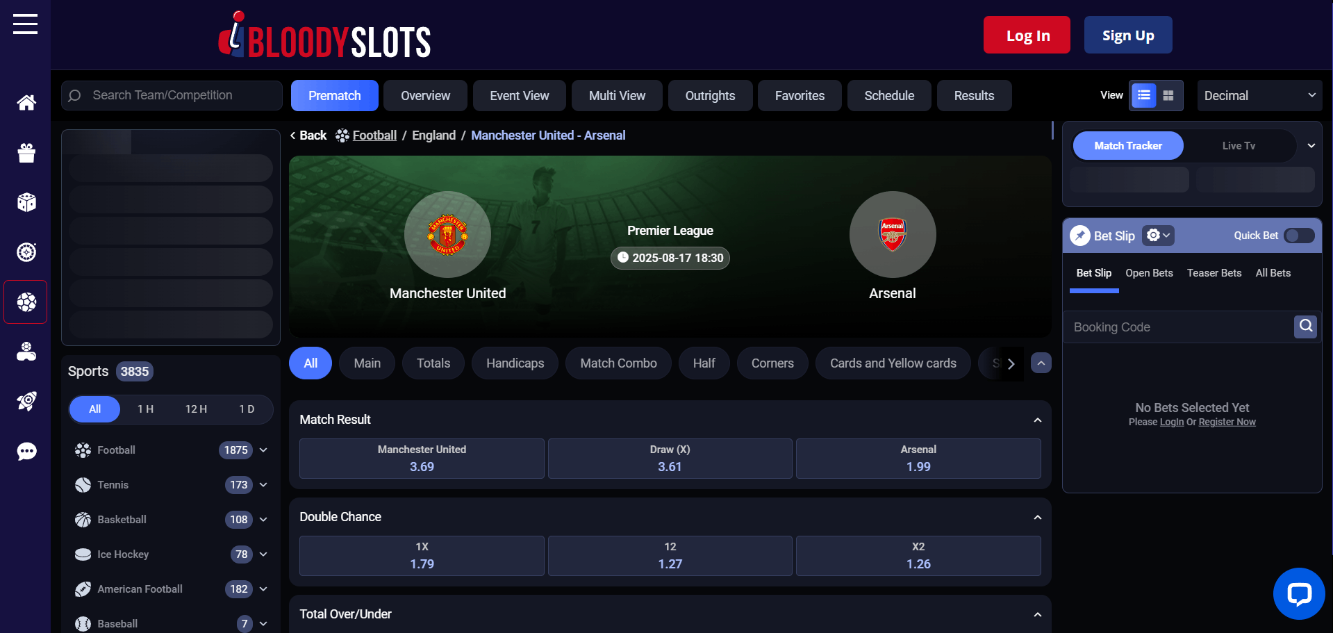 BloodySlots Casino Sports Betting Section