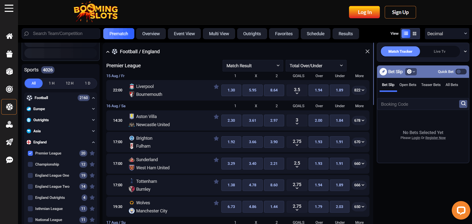 BoomingSlots Casino Sport Betting Section