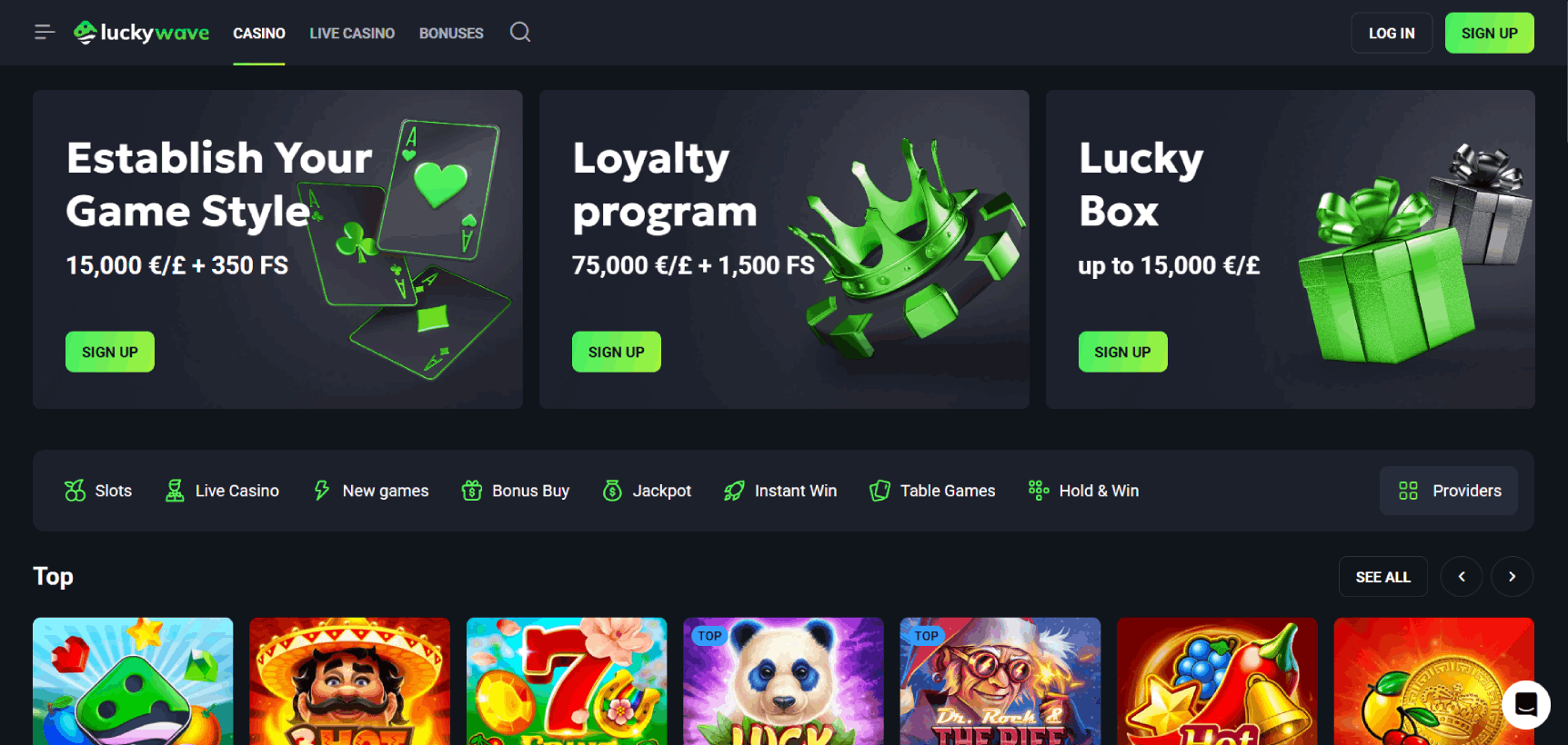 LuckyWave Casino Main page