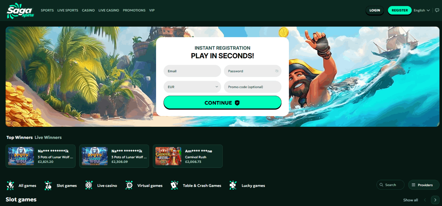 SagaSpins Casino main page