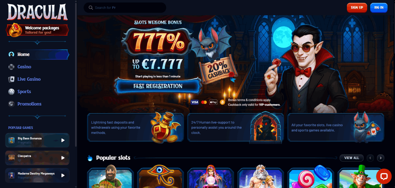 Dracula Casino main page screenshot