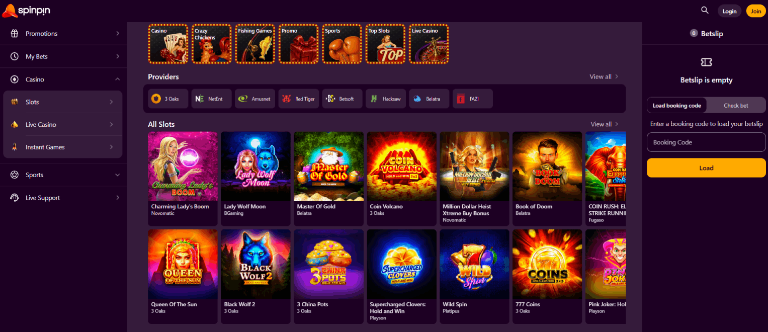 Spinpin Casino Main Page