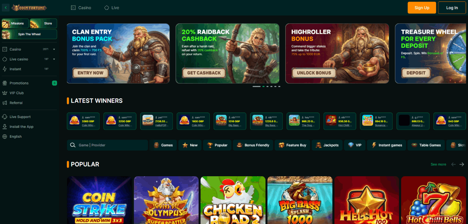 Odin Fortune Casino Main Page