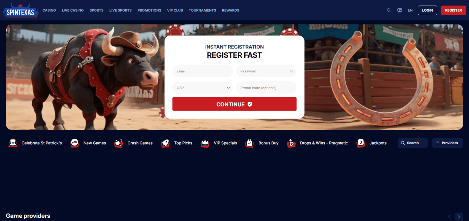 SpinTexas Casino Main page