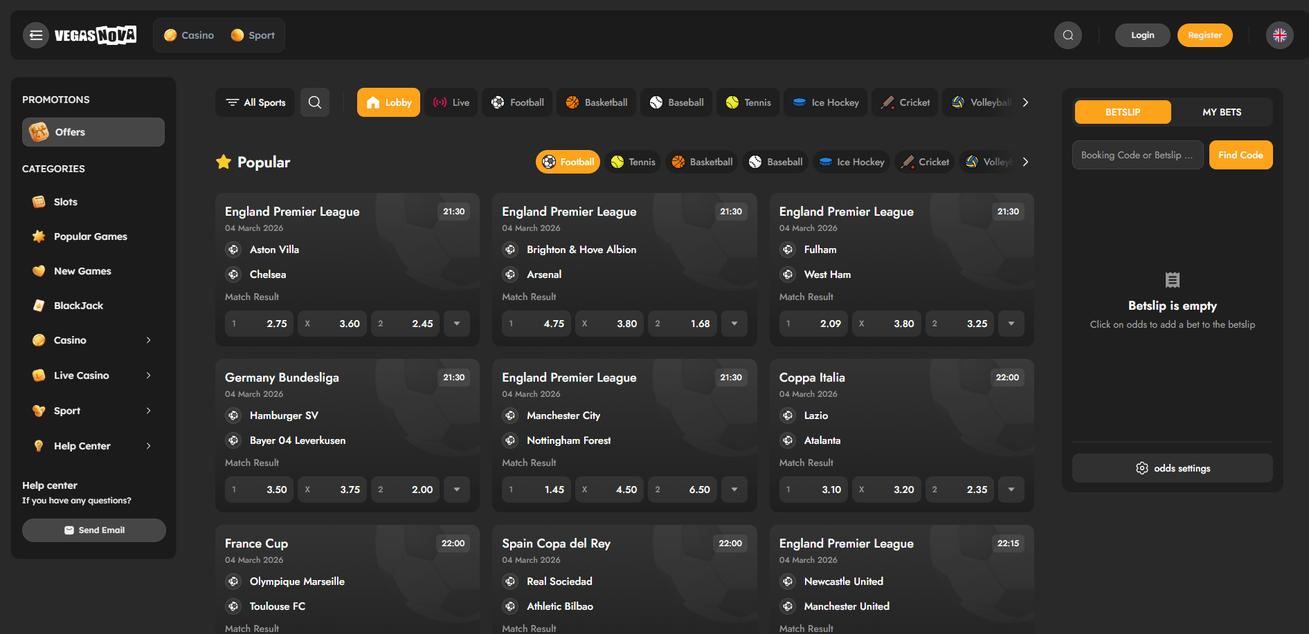 VegasNova Sports Betting Options