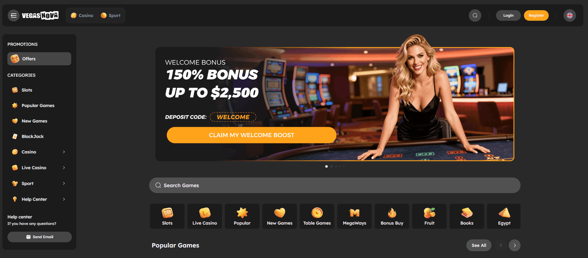 VegasNova Casino Main page