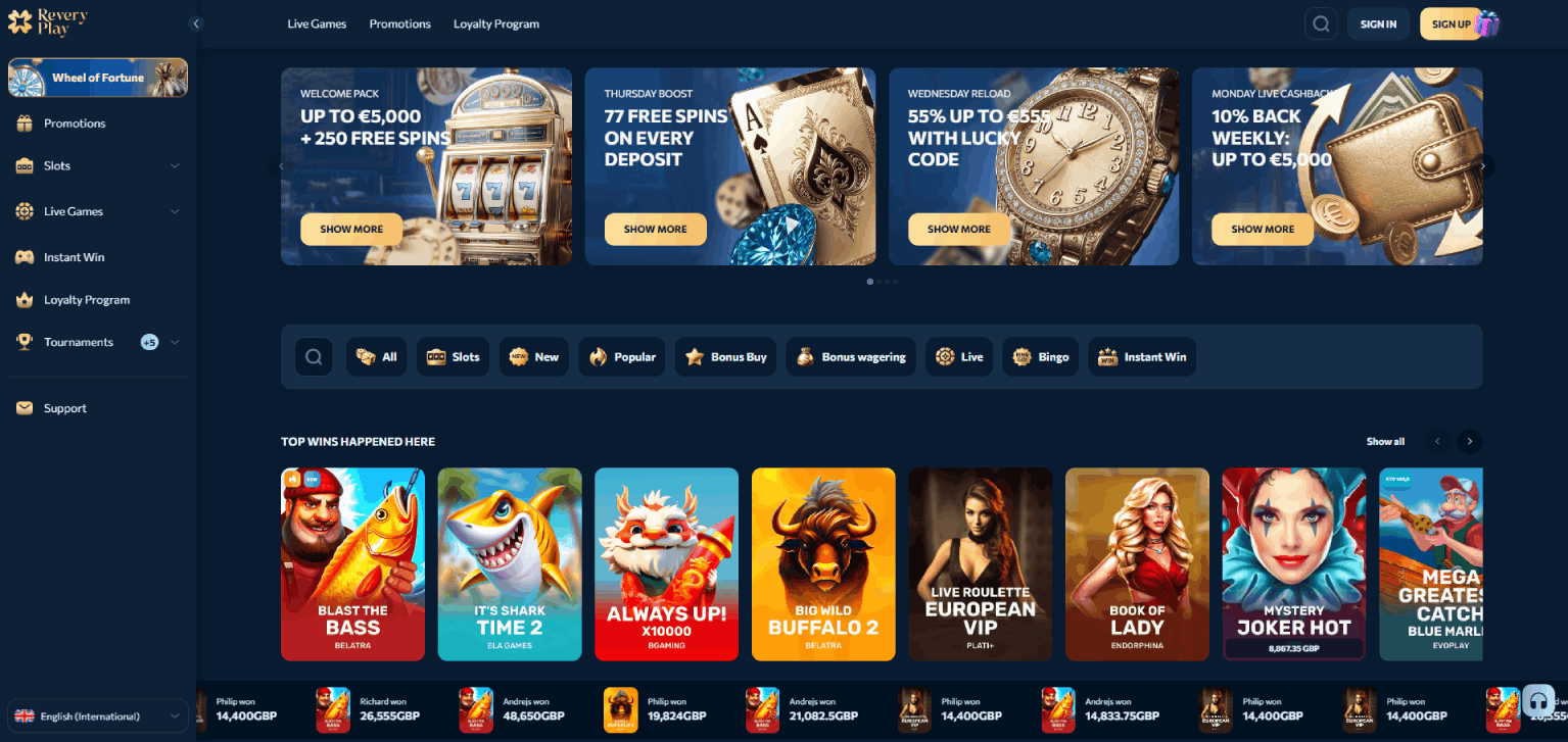 ReveryPlay Casino Main Page