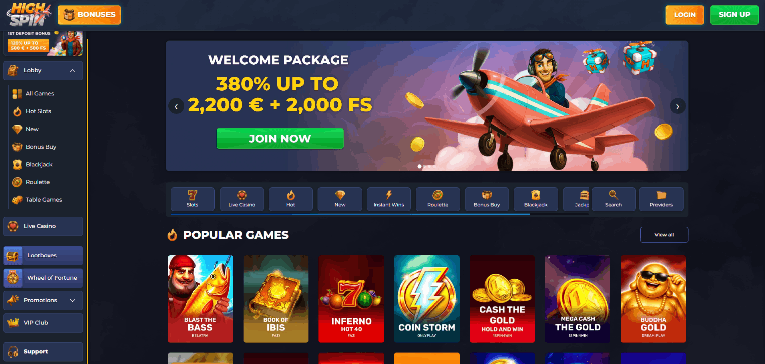 HighSpin Casino Main Page