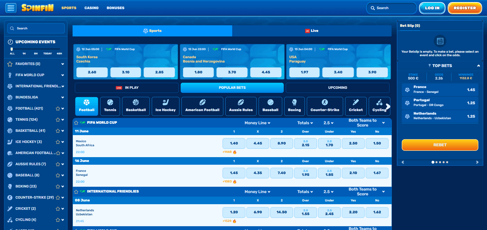 SpinFin Sports Betting Section
