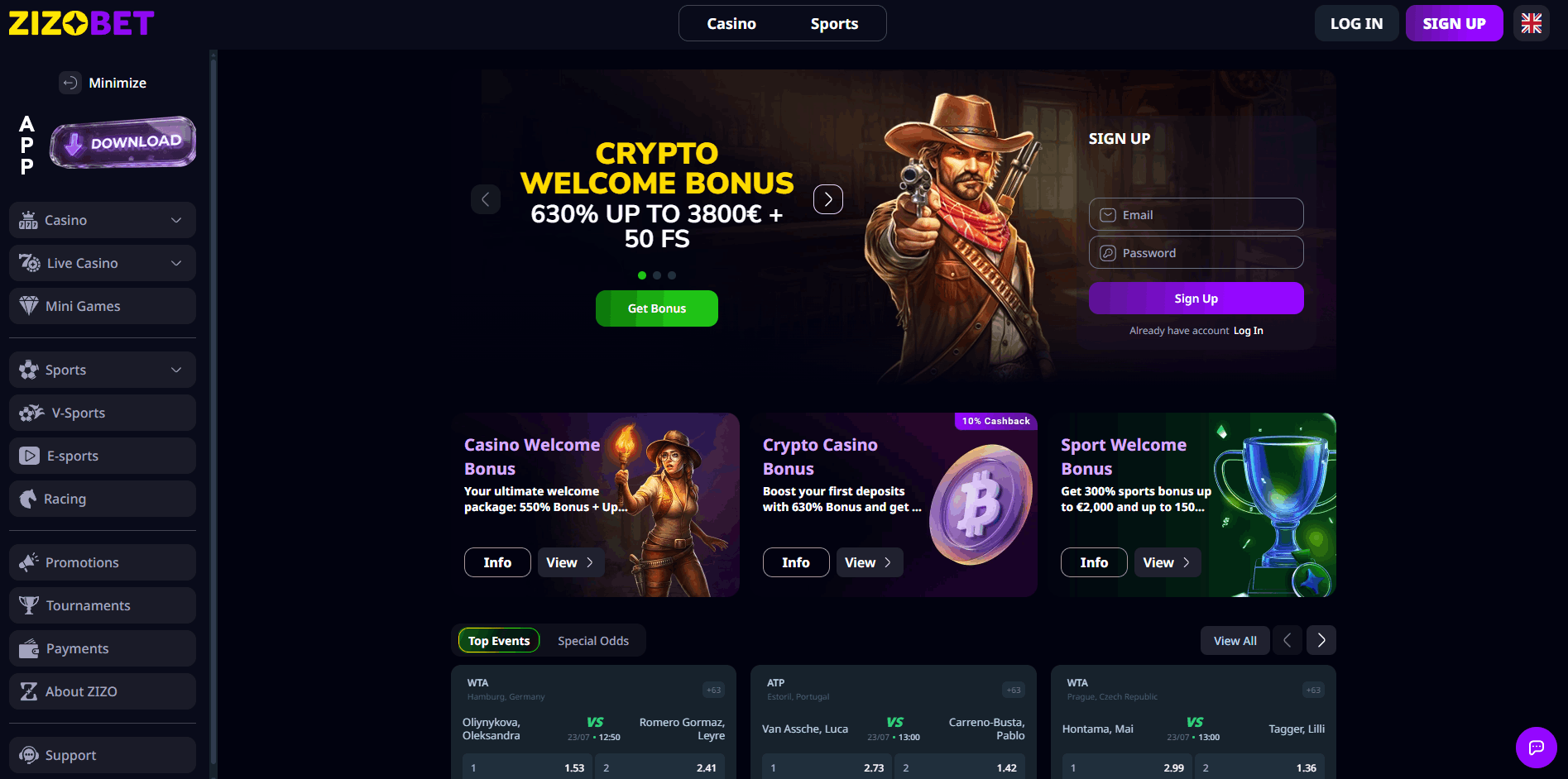 ZizoBet Casino Main page