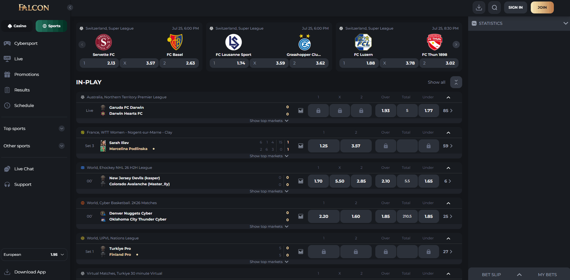 Falcon Casino Sport Betting Section